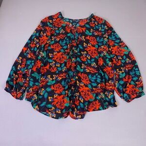Torrid Blouse Women Plus Size 4X Black Orange Floral Pintuck Button Front V-Neck